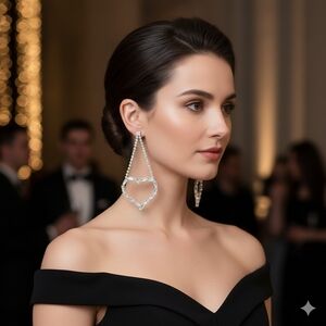 Heart rhinestone long dangle bling /ELEGANT CZ HEART AND RHINESTONE EARRINGS